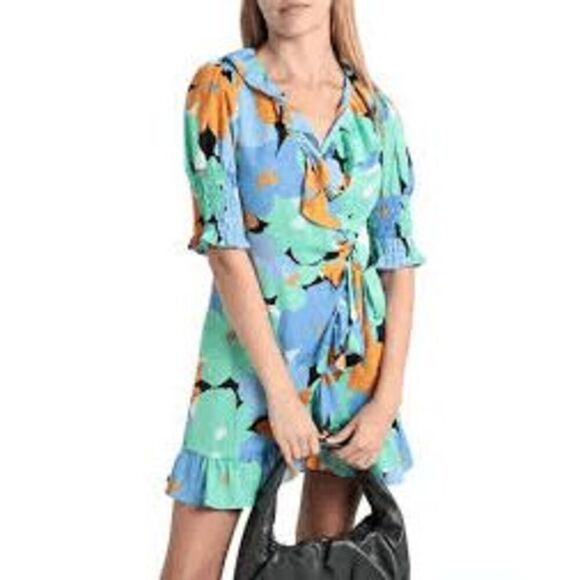 Topshop Womens Floral Print V-Neck Tie Waist Wrap Mini Dress Blue Size US 4 - Picture 1 of 7